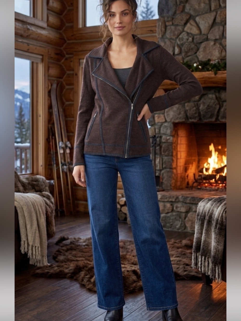 Krimson Klover Brown Knit Asymmetrical Zip Wool Jacket Size XS